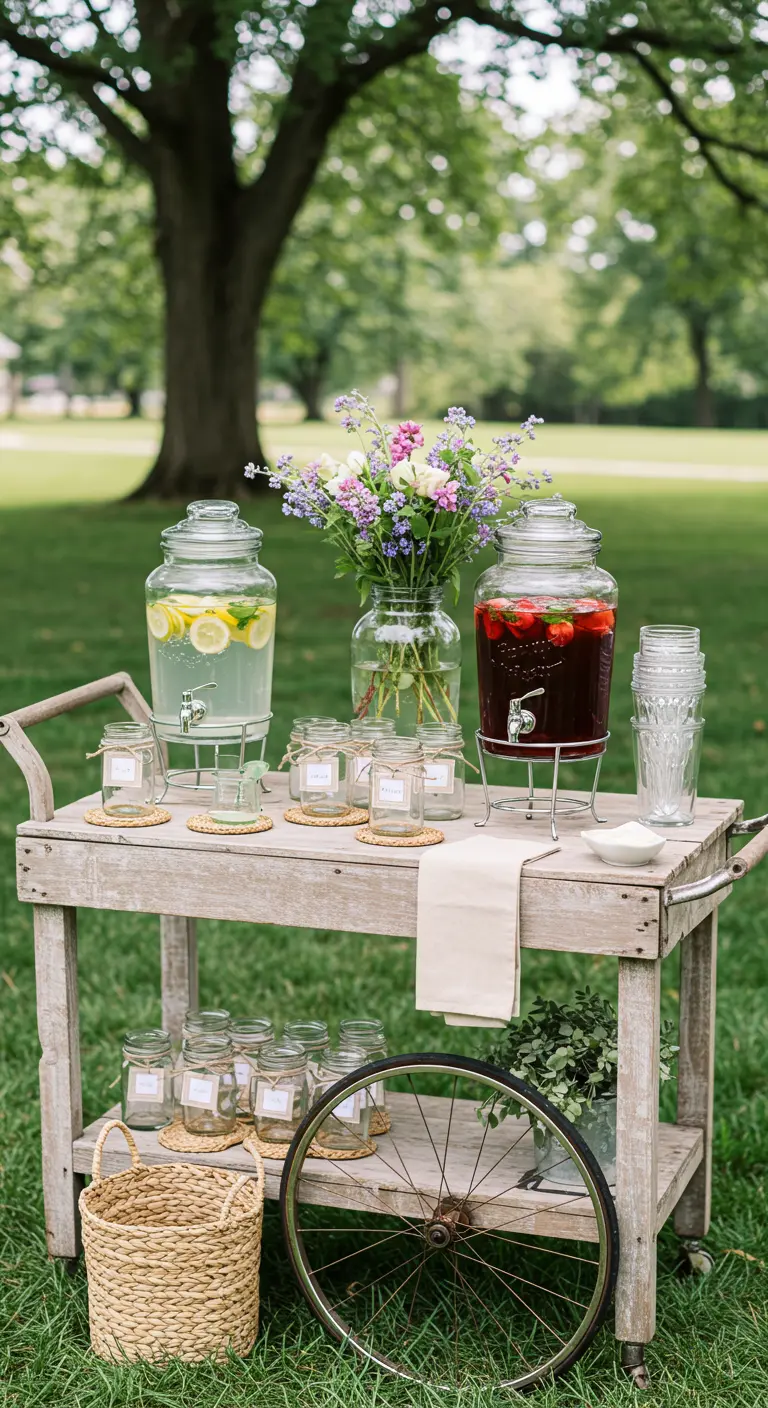A rustic wooden cart with a wheel, holding two large glass drink dispensers and glasses.