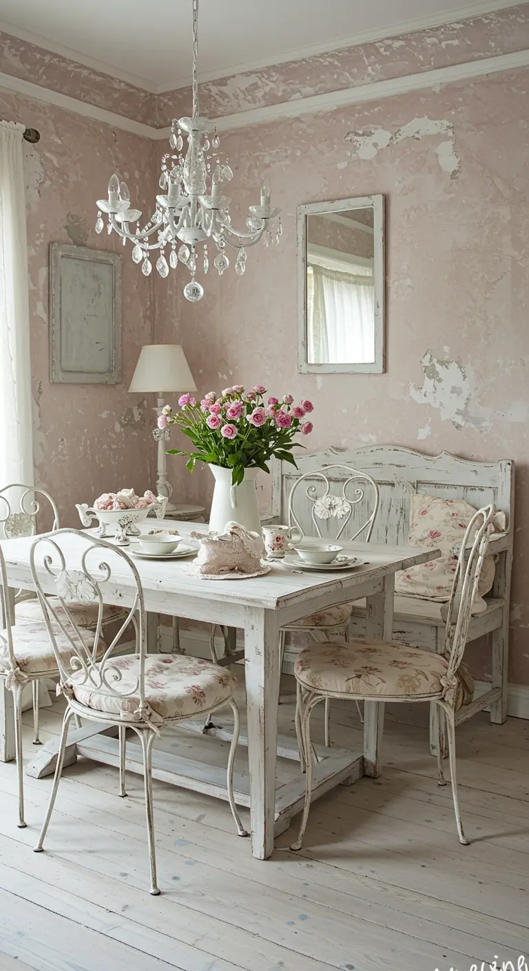 Shabby chic dining room with distressed white furniture and a crystal chandelier.