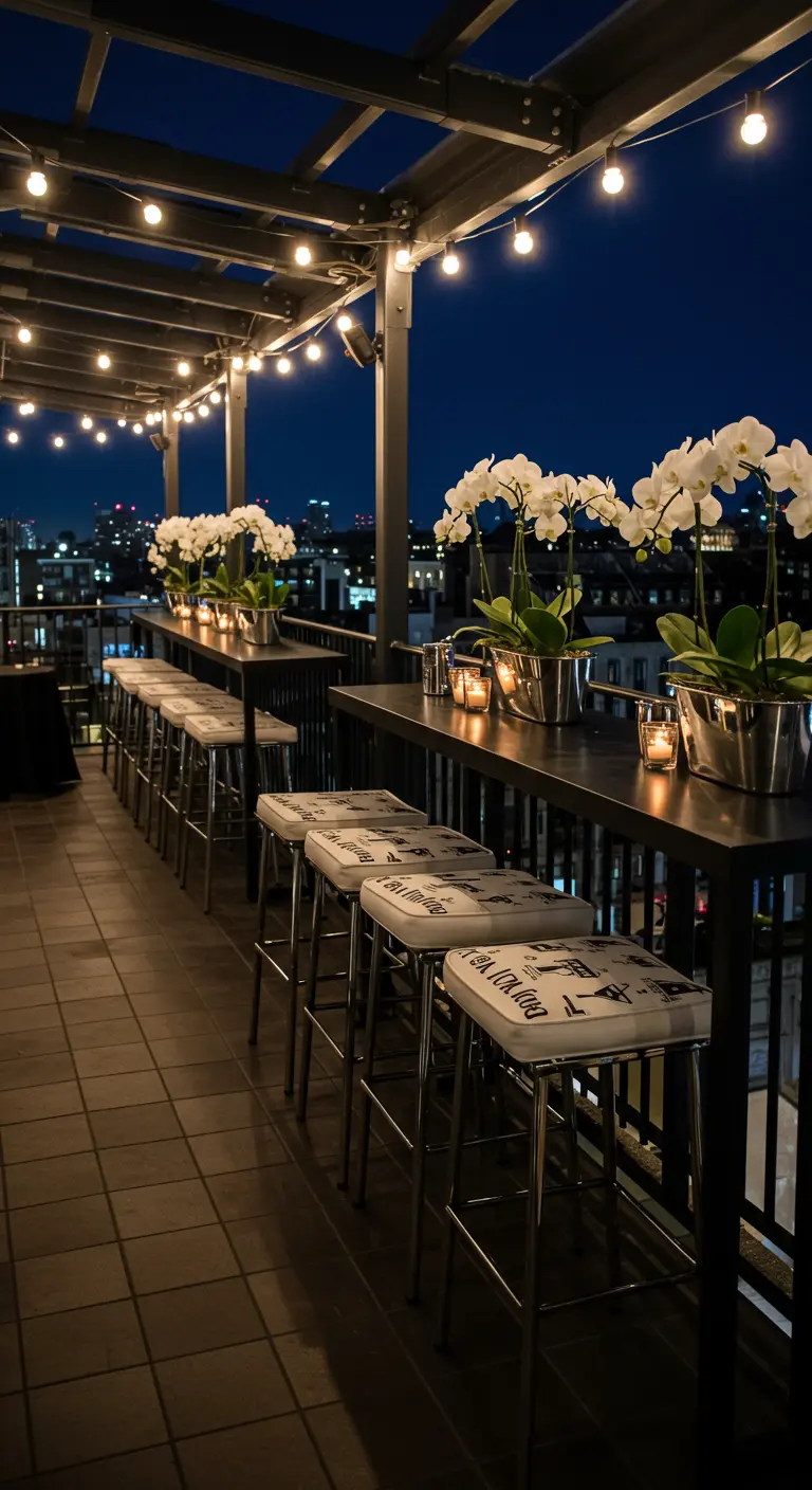Rooftop bar setup with high tables, stools, and orchids.