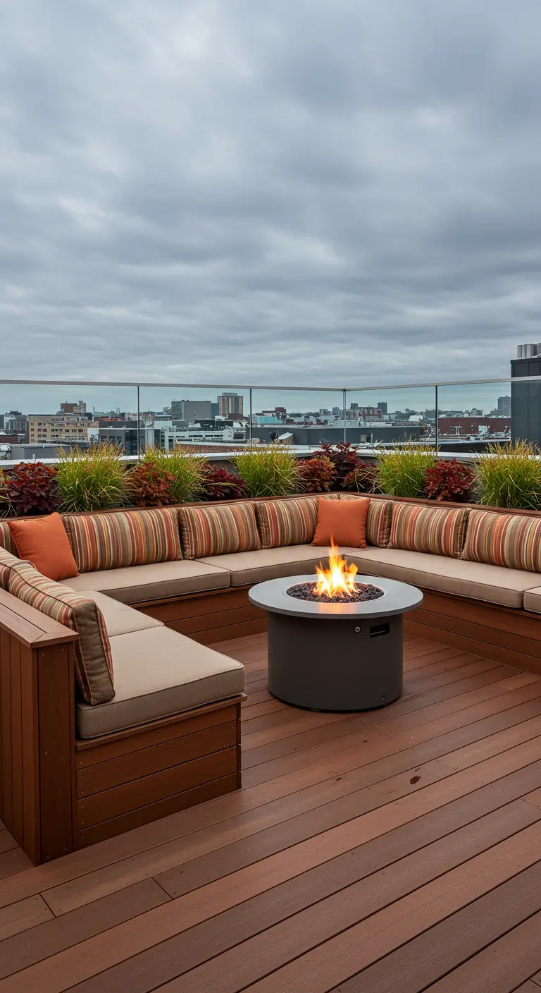 Spacious rooftop deck with a large U-shaped wooden bench and a central fire pit.