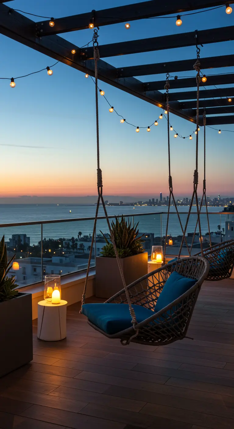 Rope swing chairs on a rooftop terrace with string lights overlooking a city at dusk.