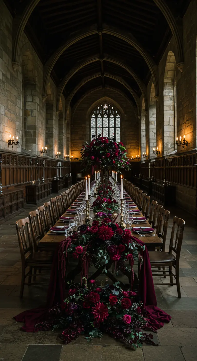 Long banquet table in a stone hall with a cascading burgundy floral runner and tall white candles.