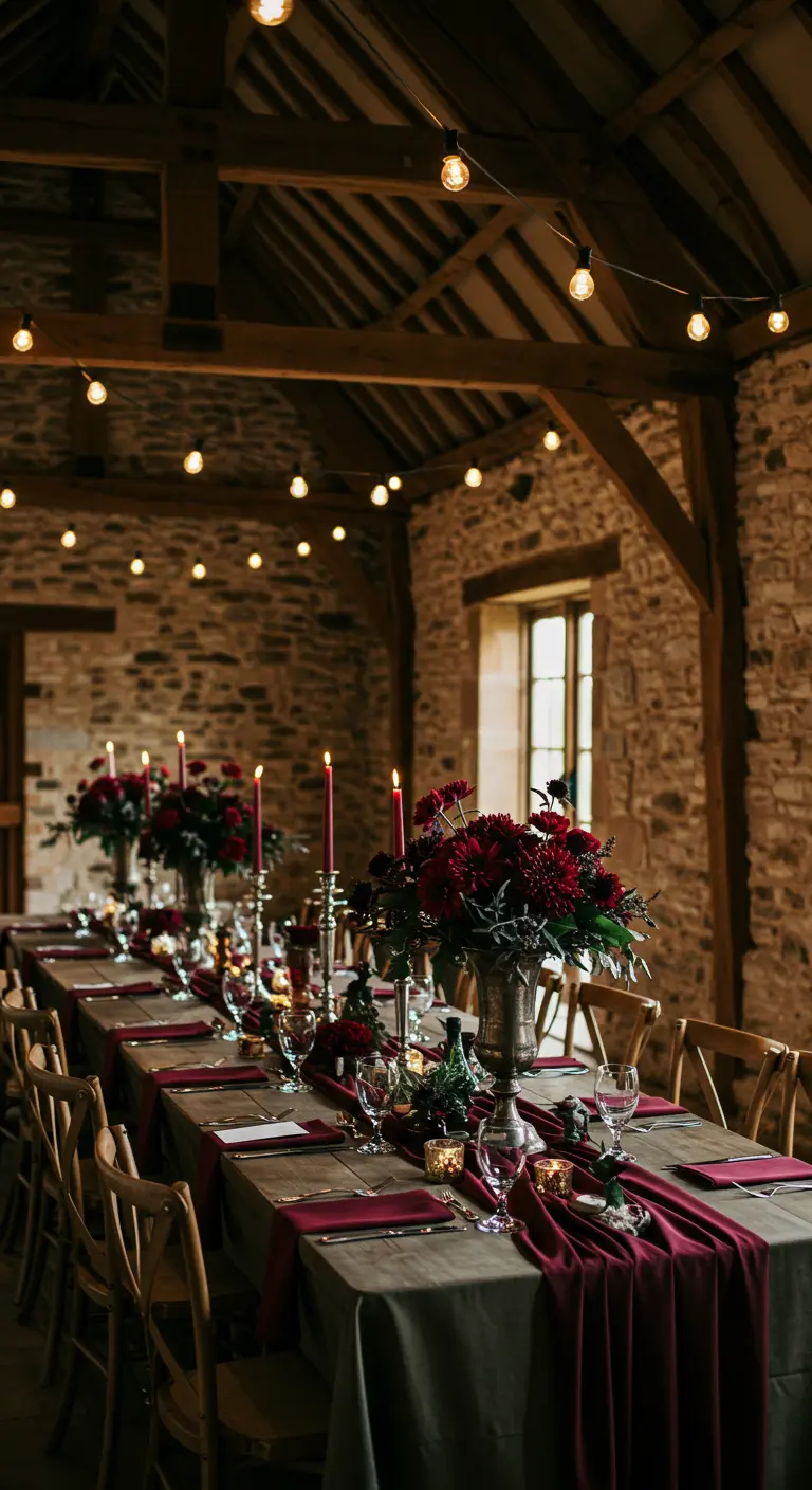 Long table in a rustic barn with a burgundy runner, florals in silver goblets, and string lights.