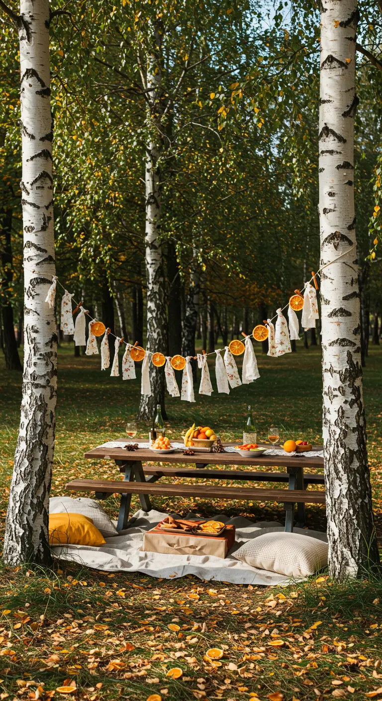 A handmade garland of dried orange slices and white fabric strips hanging between two trees.