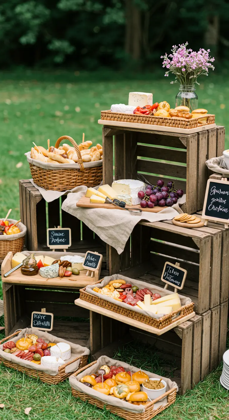 A rustic food buffet made from stacked wooden crates displaying cheeses, meats, and breads.