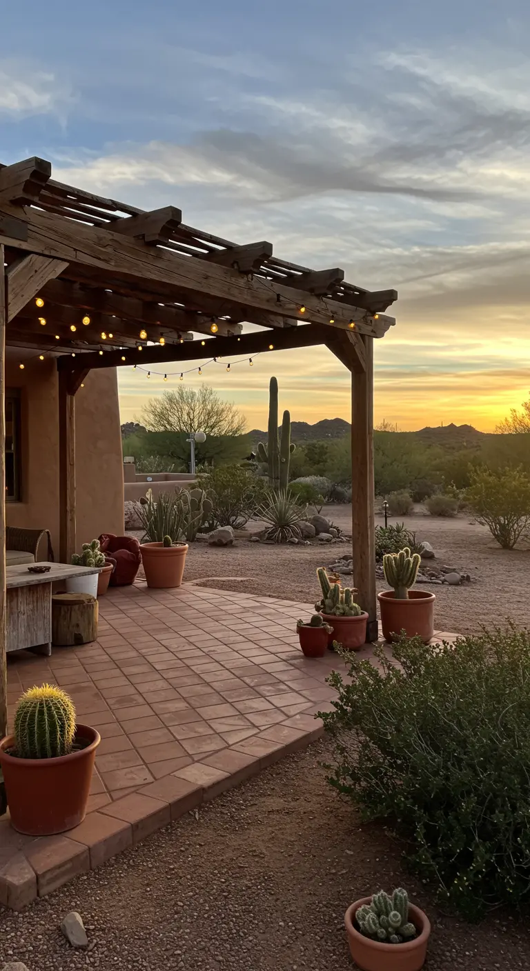 A rustic pergola on a terracotta tile patio in the desert, with globe lights strung underneath.