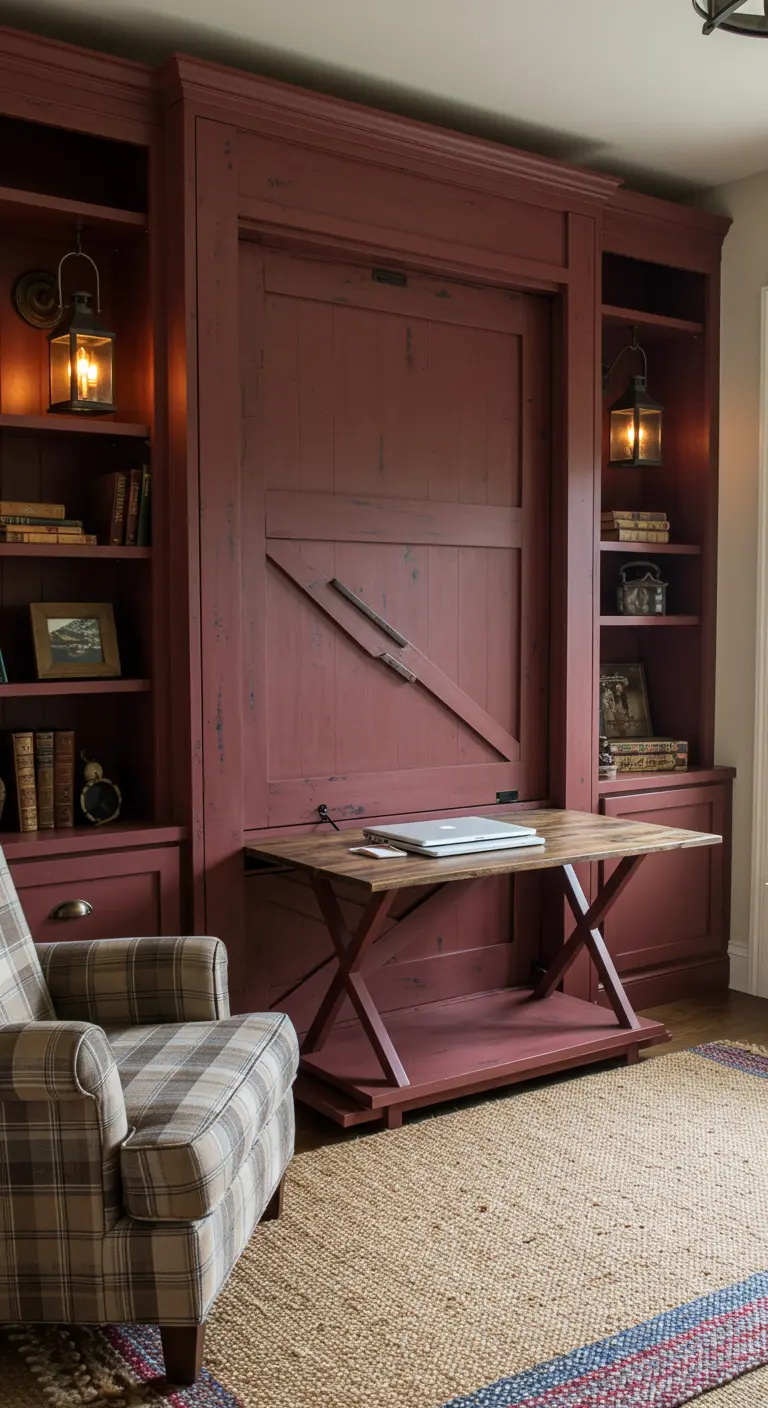 Distressed red Murphy bed unit with a fold-down desk, flanked by matching bookshelves.