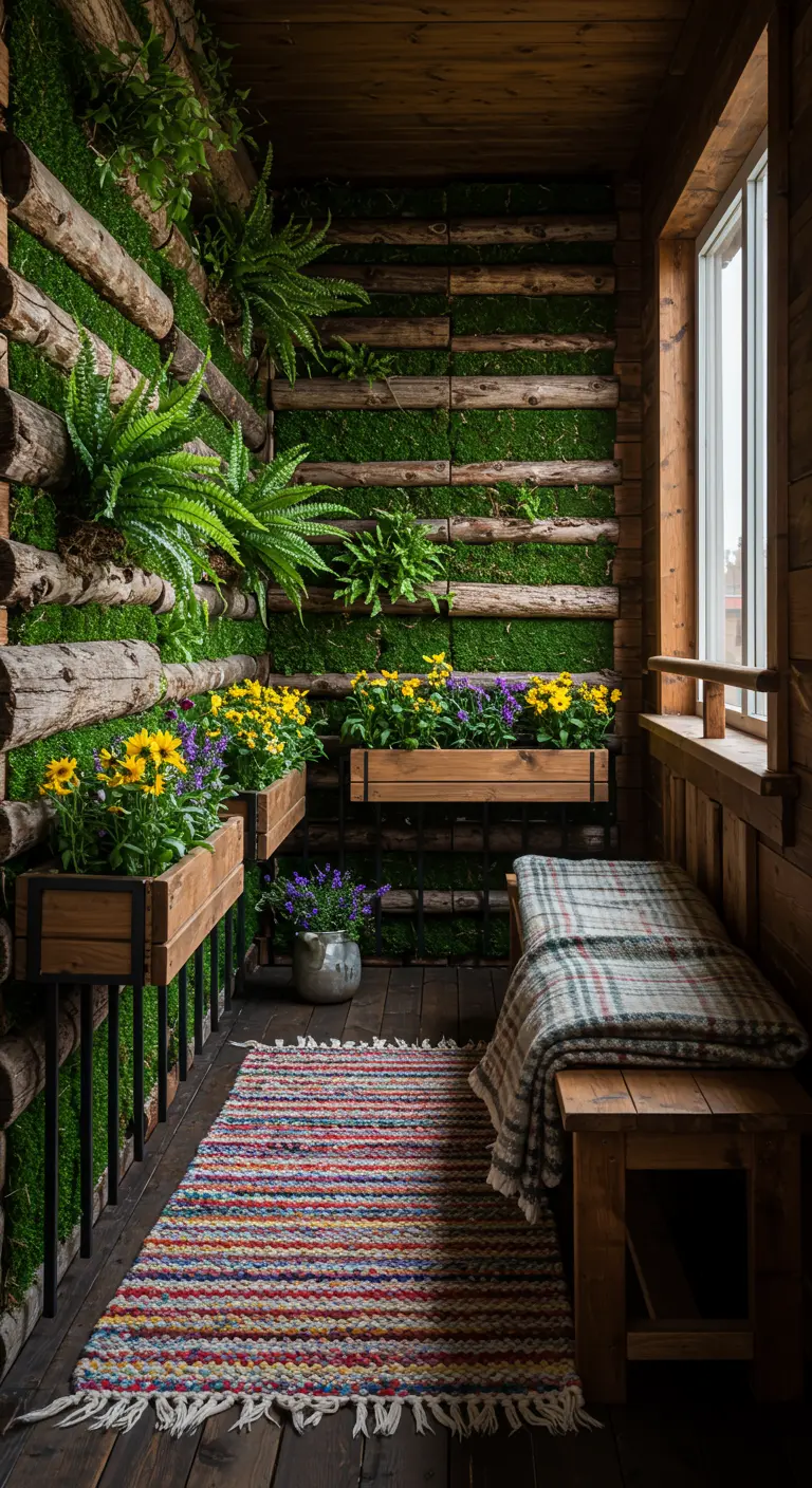 A rustic balcony with walls of stacked logs and moss, with a cozy bench and colorful rug.
