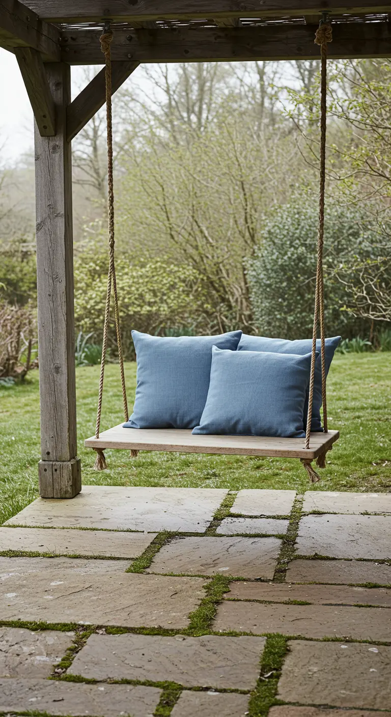A simple wooden plank swing with blue pillows hanging from a rustic pergola over a stone patio.