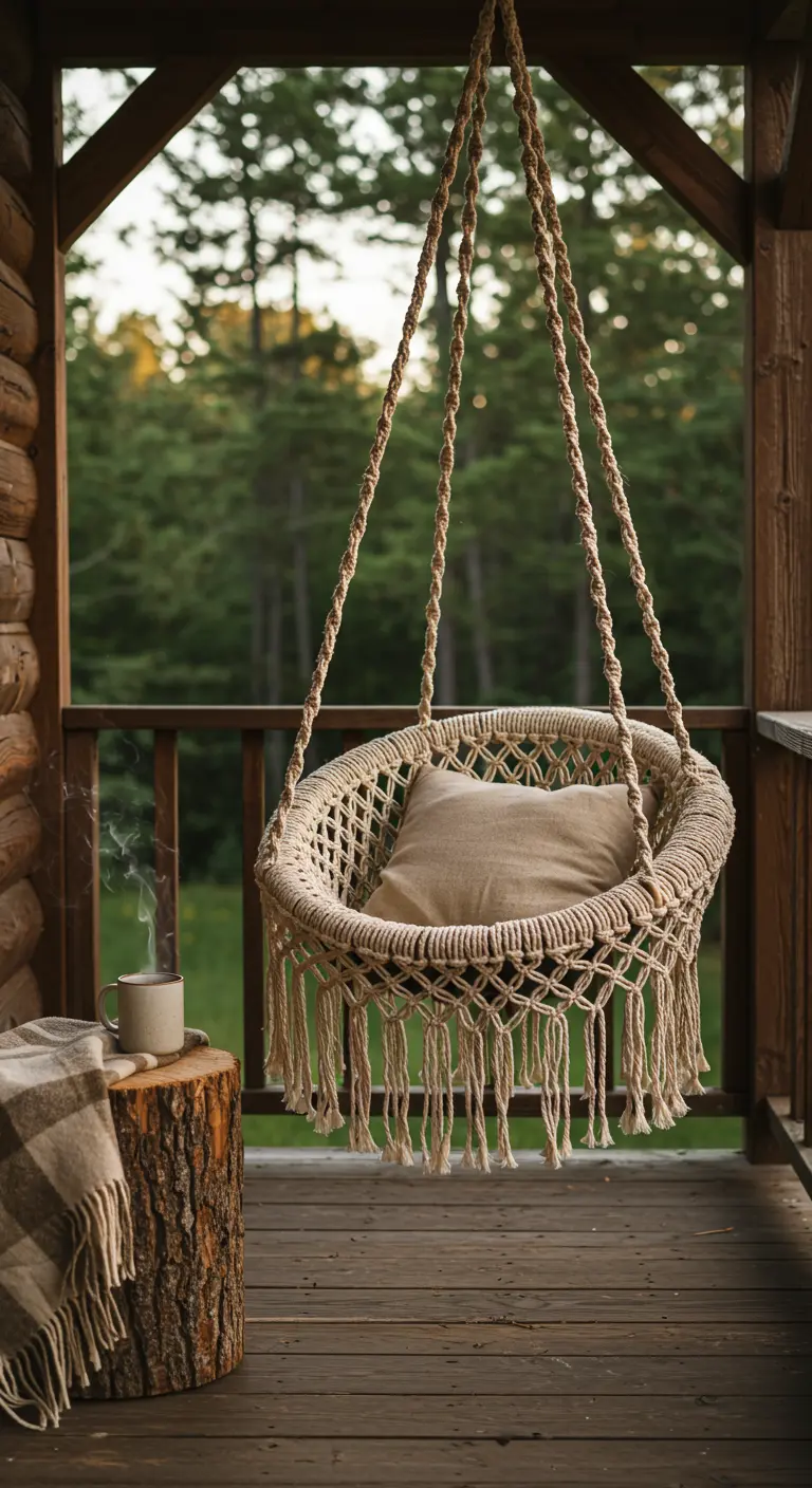 Natural macramé tire swing on a rustic log cabin porch.