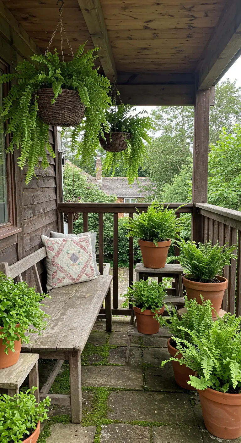 A rustic wooden porch with a bench, terracotta pots, hanging ferns, and mossy stones.