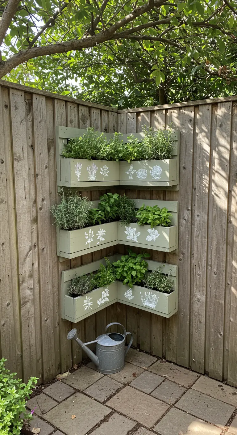 Sage green corner pallet planter with white herb stencils on a wooden fence.