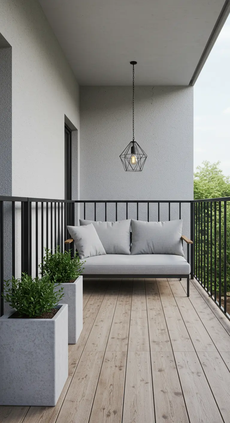 A sleek sofa with a black metal frame on a light wood deck balcony.