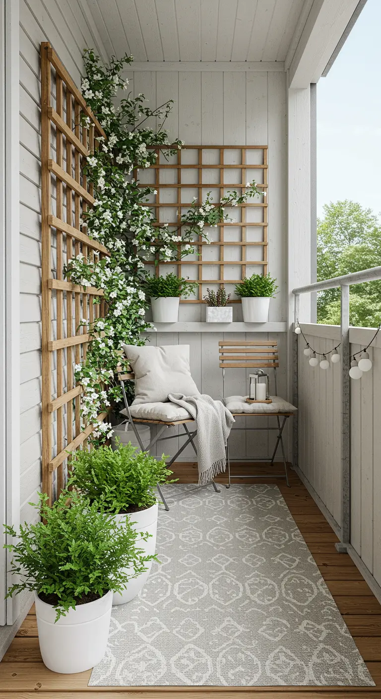 A light wood balcony with a trellis, climbing jasmine, white planters, and a grey rug.