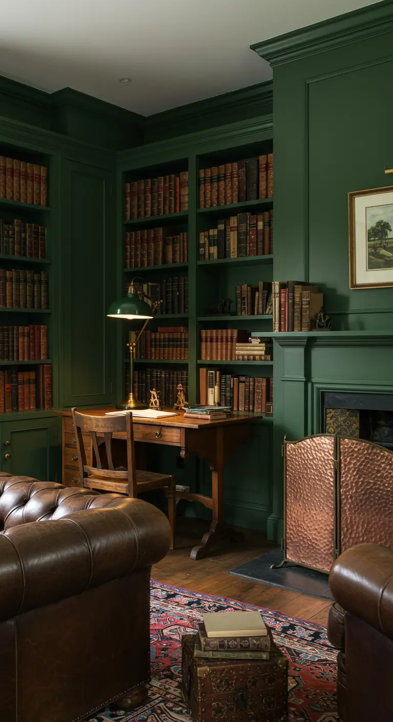 A dark green library room with built-in bookshelves, a leather sofa, and a copper firescreen.