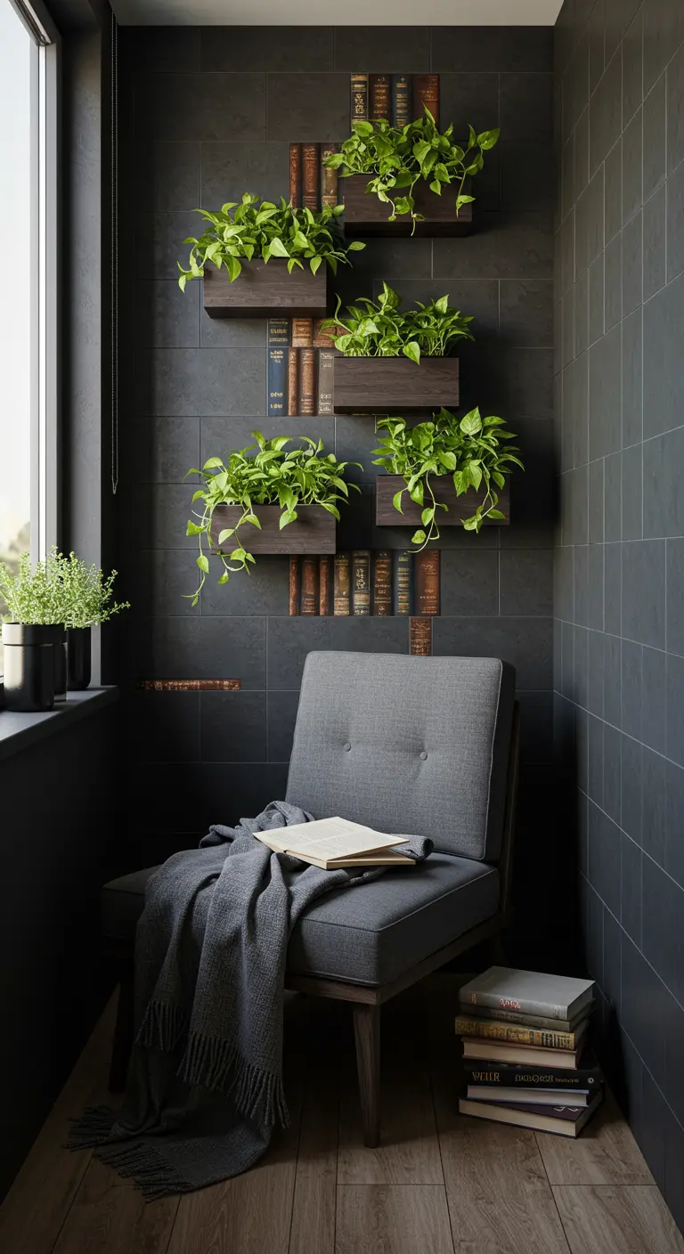 A cozy reading corner on a balcony with planters mixed with shelves of books.