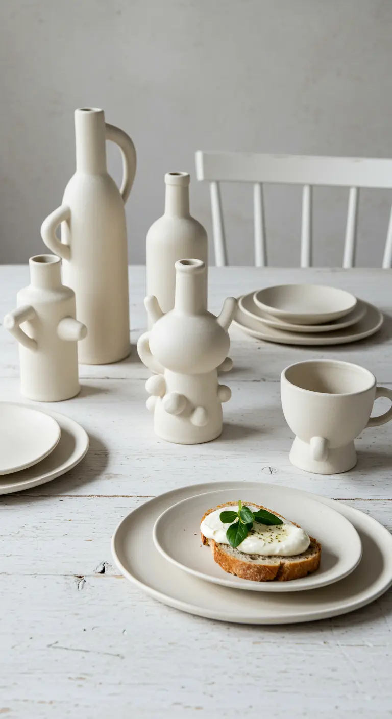 A white table featuring a collection of unique, sculptural white ceramic vases and mugs.