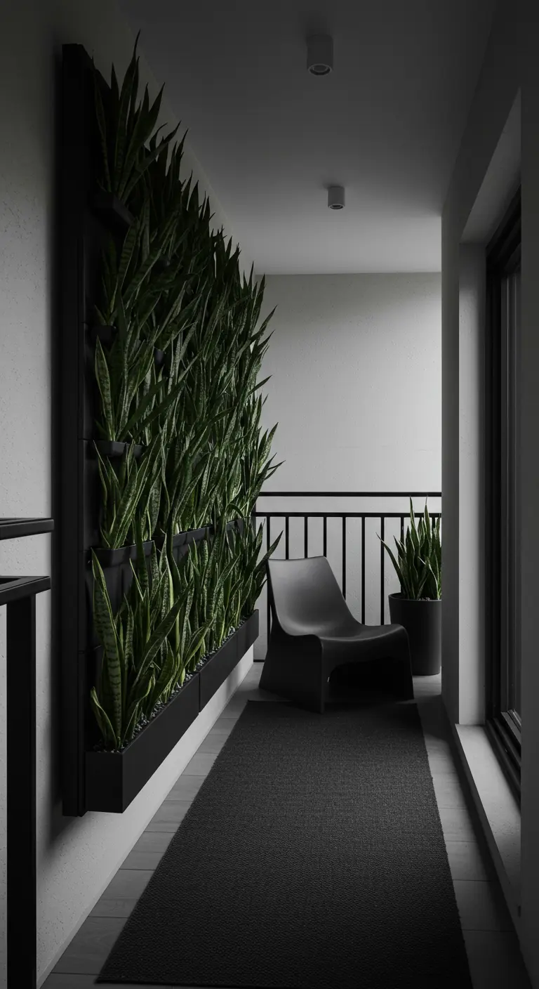 A minimalist balcony with a floor-to-ceiling wall planter filled entirely with snake plants.