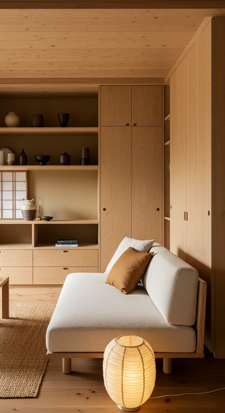Japandi-style living room with light wood walls and a hidden Murphy bed cabinet.