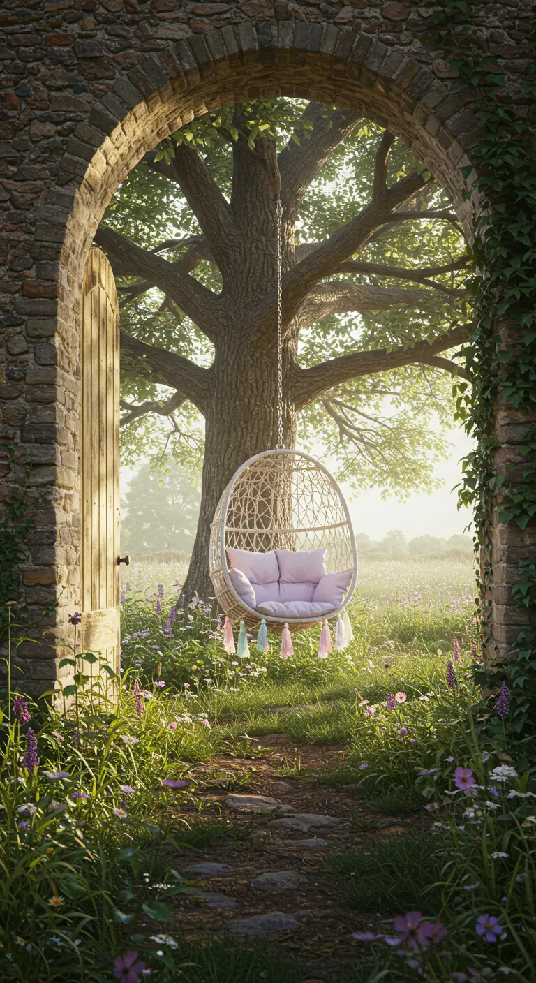 A light rattan egg chair with pastel cushions, viewed through a stone archway into a wildflower field.
