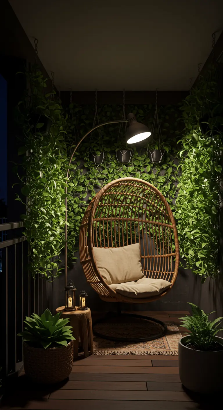 Rattan egg chair on a balcony at night, surrounded by green walls.