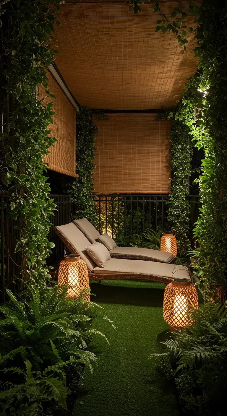 A balcony turned into a private nook with climbing vines, turf, and lounge chairs.