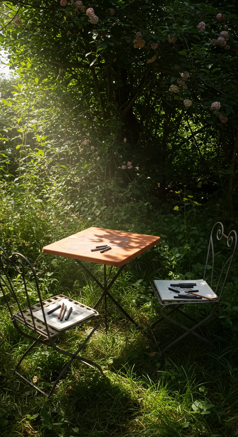 Square terra cotta table and chairs in a lush, wild corner of a green garden.