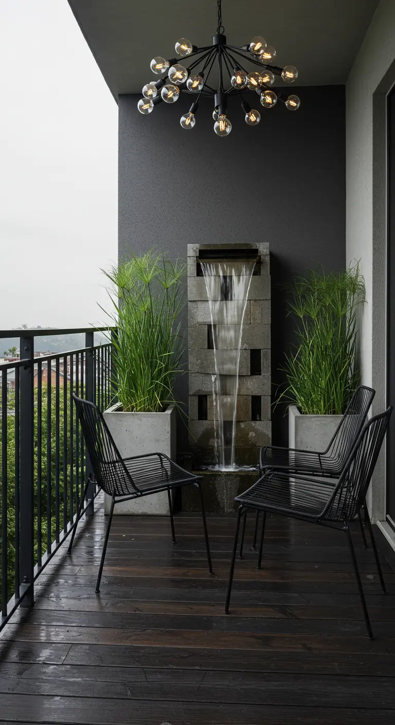 A modern balcony water feature made of concrete blocks, flanked by papyrus grass.