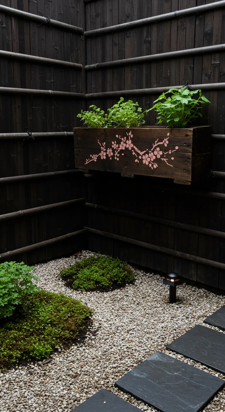 Dark stained wood planter with a pink cherry blossom stencil in a Zen garden.