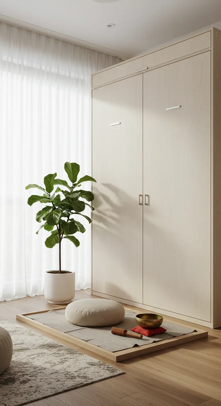A closed Murphy bed cabinet in a minimalist room with a meditation cushion in front.