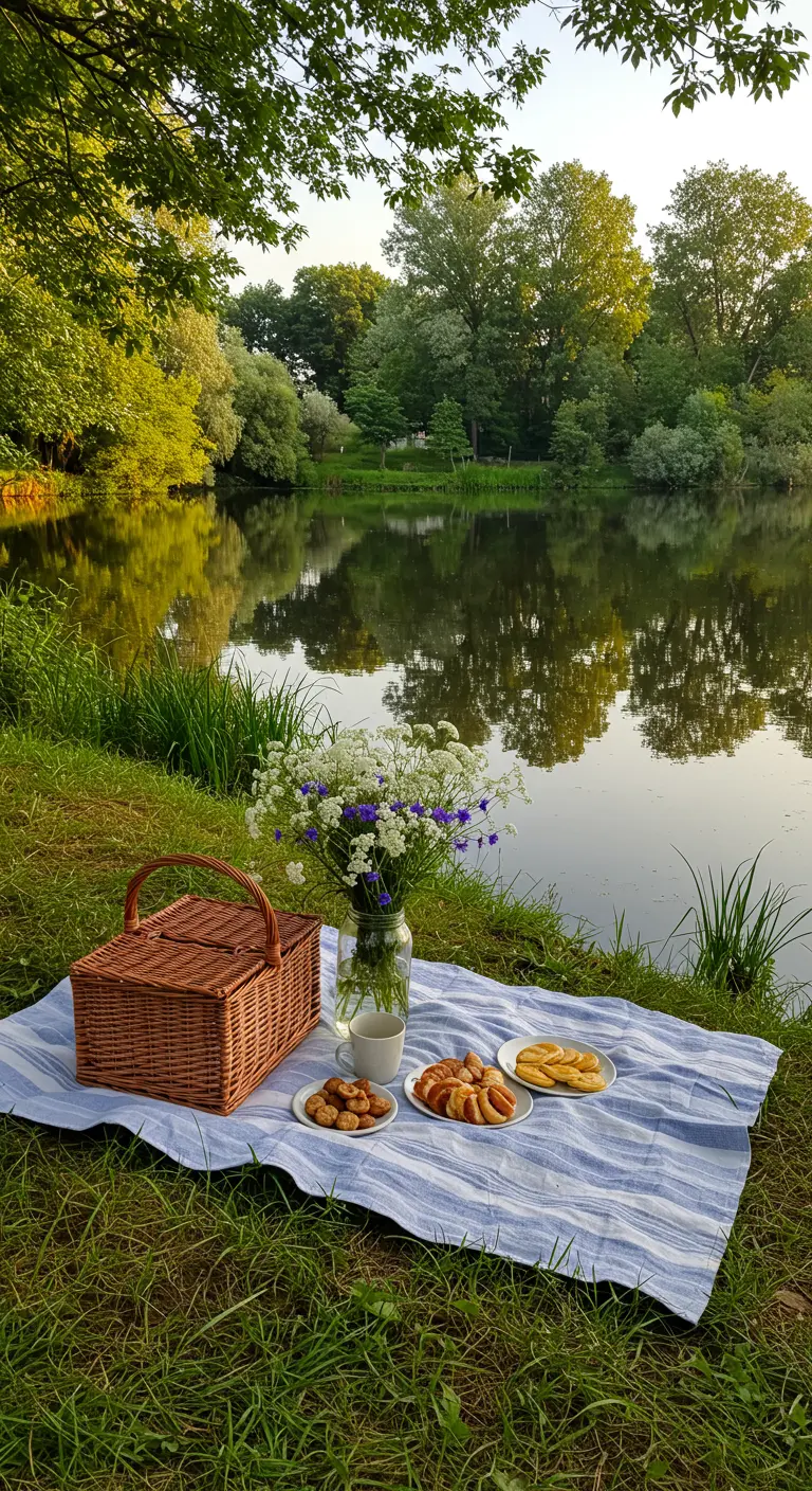 A picnic blanket and basket set up by a calm lake, with a vase of wildflowers.
