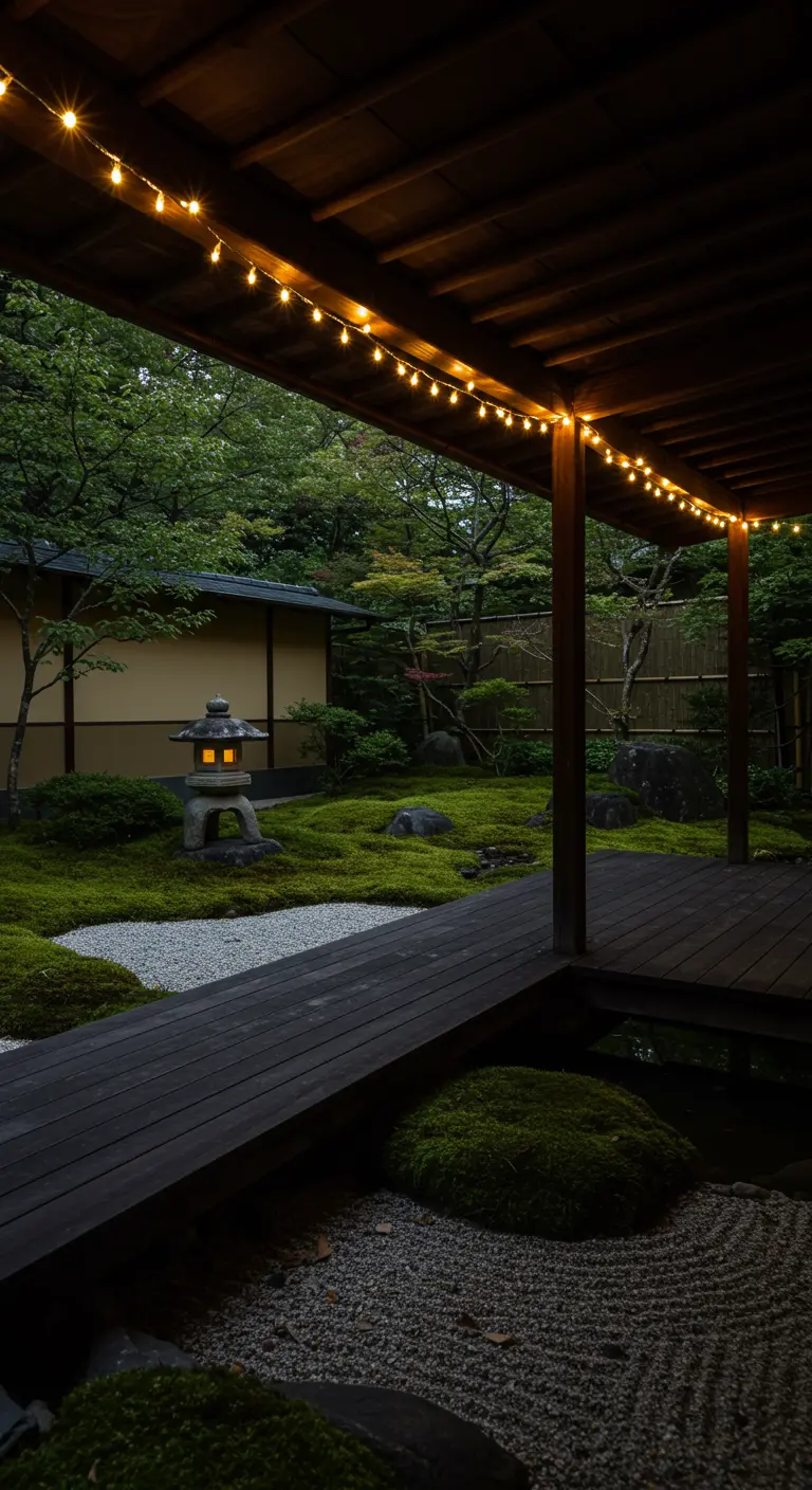 A Japanese garden at dusk with a single string of lights under a wooden roof, illuminating a path.