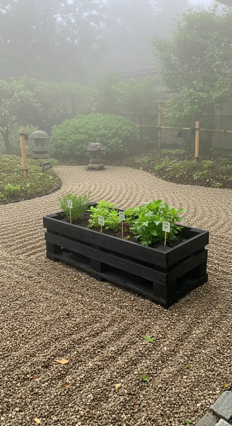 A black-painted crate planter with herbs sitting in a raked gravel zen garden.
