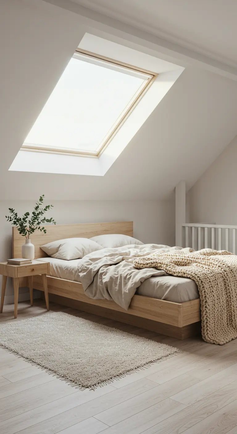 Minimalist loft bedroom with a low-profile wood bed under a large skylight.