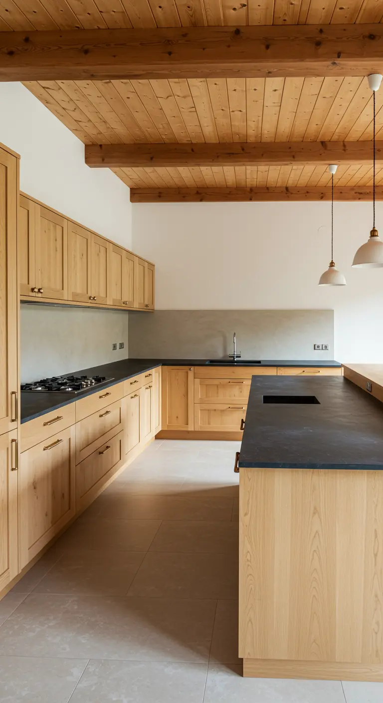 Minimalist rustic kitchen with light wood cabinets and slate countertops.