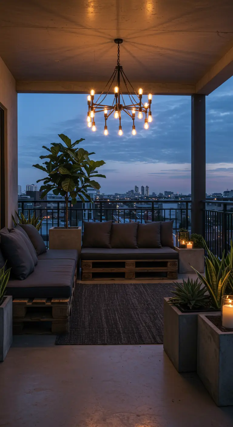 Rooftop balcony with pallet sofa and grand industrial chandelier at dusk.