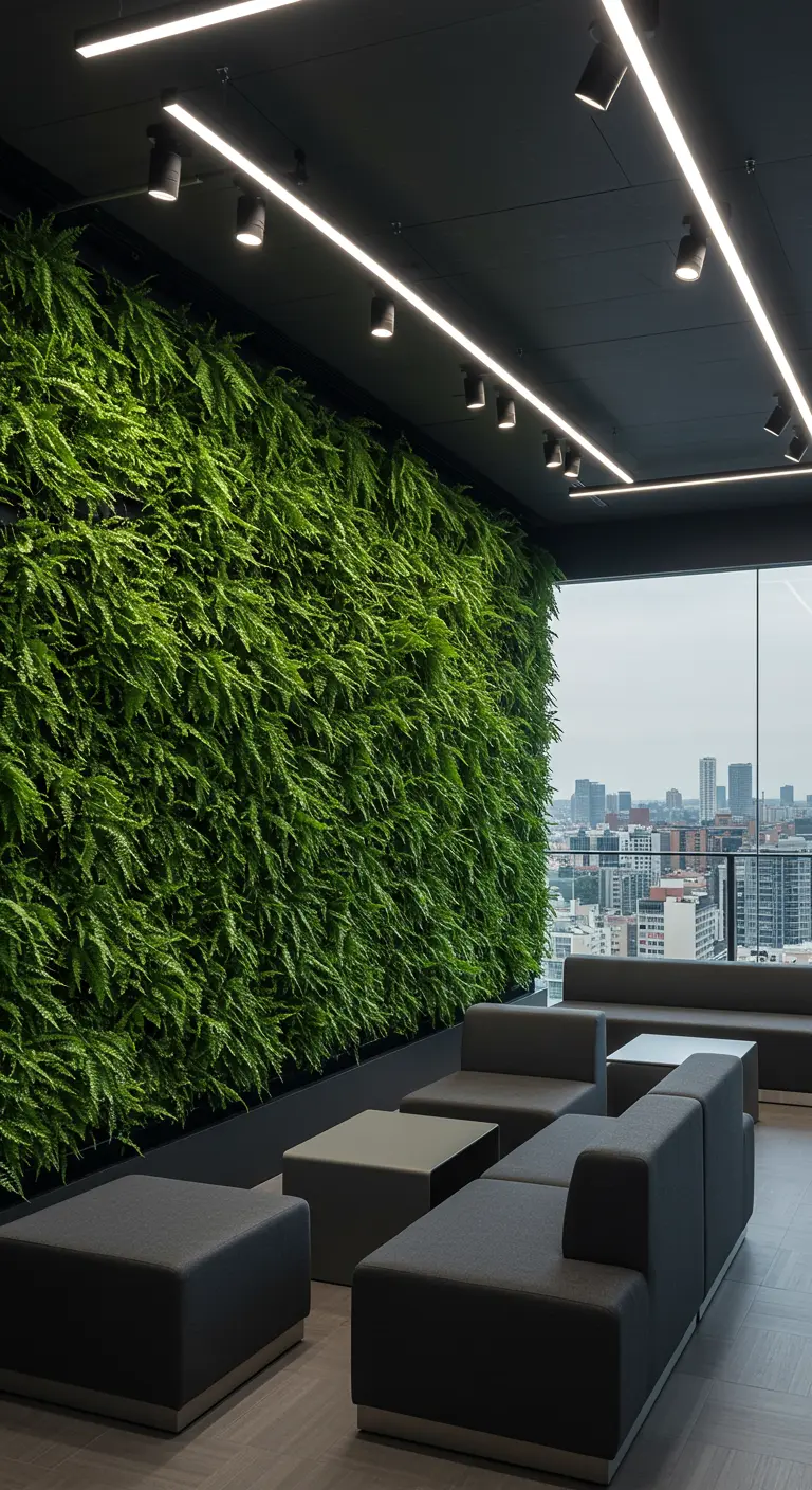 A modern corporate lounge with a massive fern wall, track lighting, and grey modular seating.