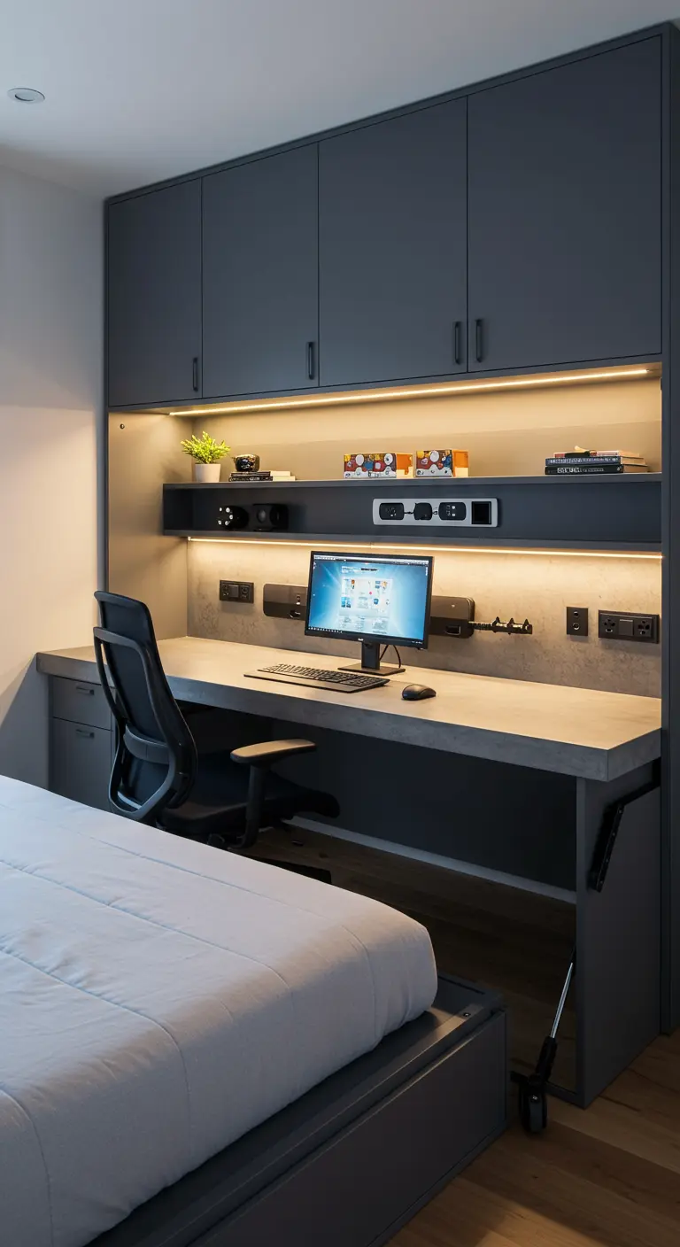 A Murphy bed next to a built-in desk with overhead storage and LED lighting.