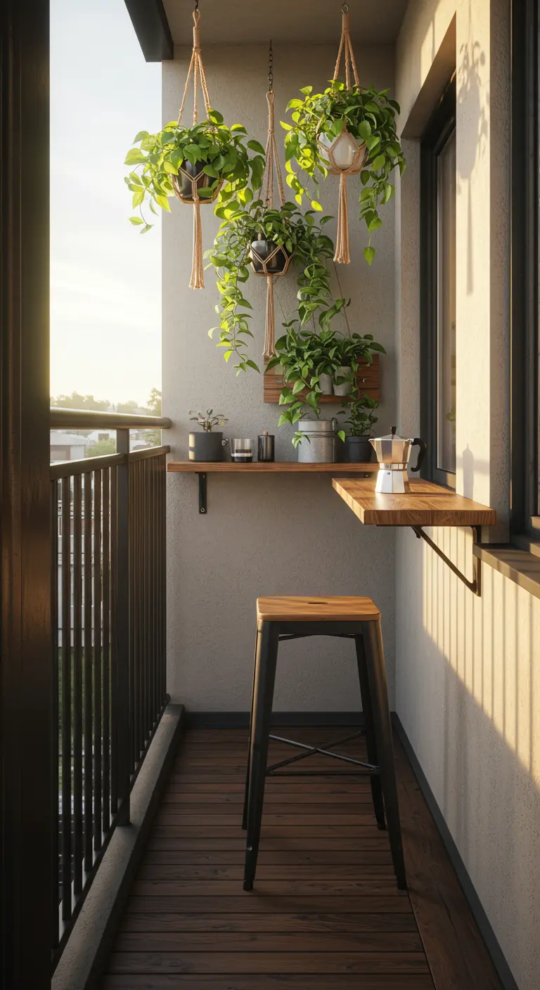 Tiny balcony with a fold-down wooden bar table and a stool.