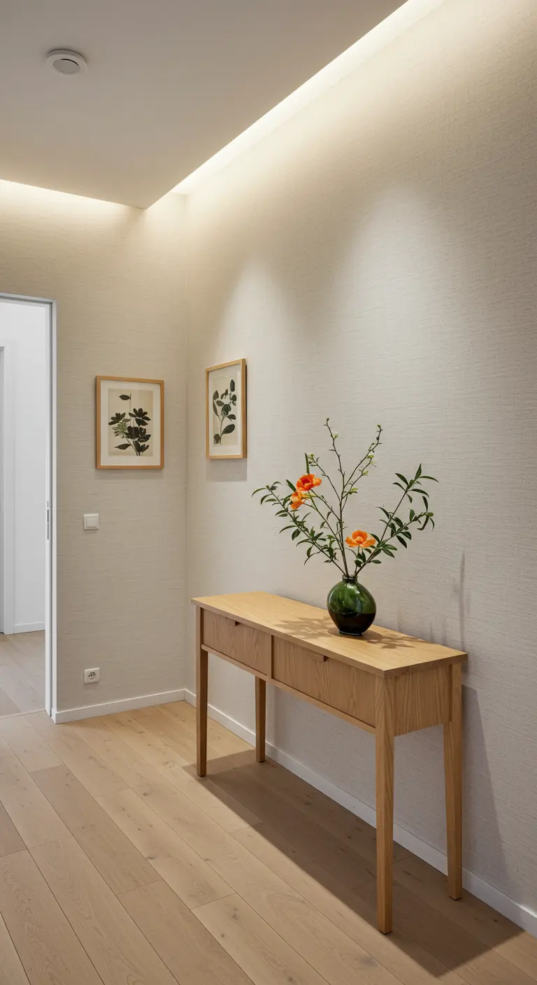 Minimalist entryway with cove lighting, a light wood console, and two framed botanical prints.