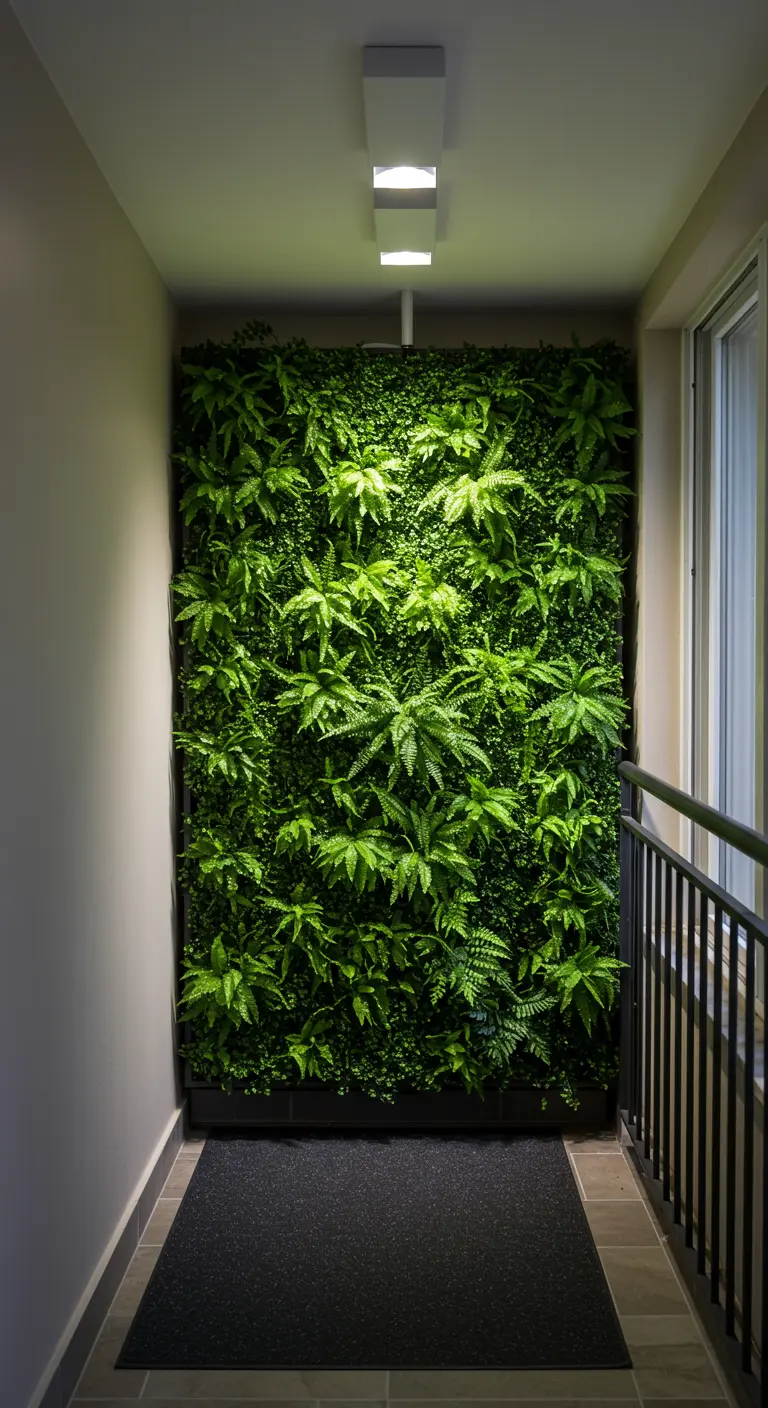 A narrow balcony hallway ending in a full wall of lush green ferns, lit from above.
