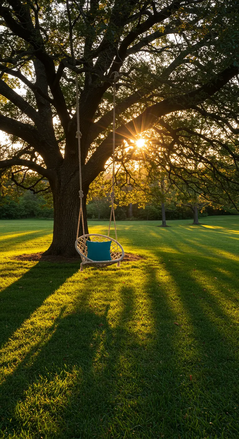 A lone rope swing chair with a blue pillow hanging from a large oak tree at sunset.