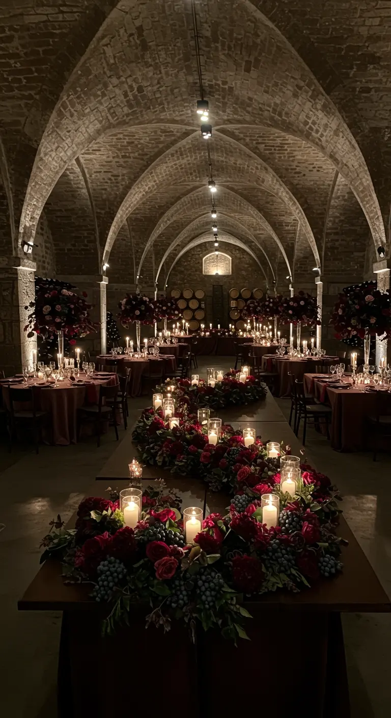 A wine cellar wedding reception with long tables featuring runners of flowers and grapes.
