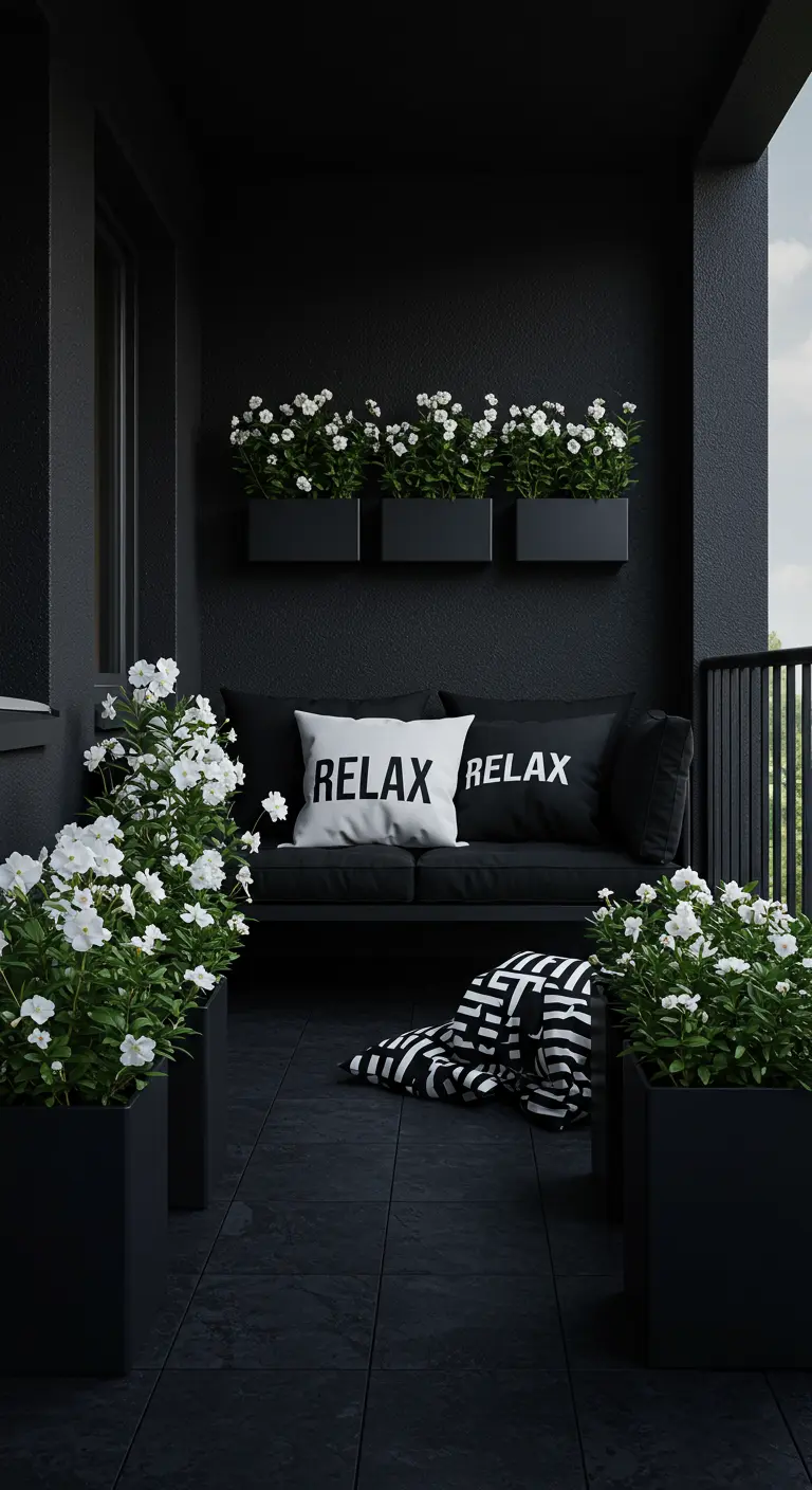 All-black balcony with black furniture and planters filled with white flowers.