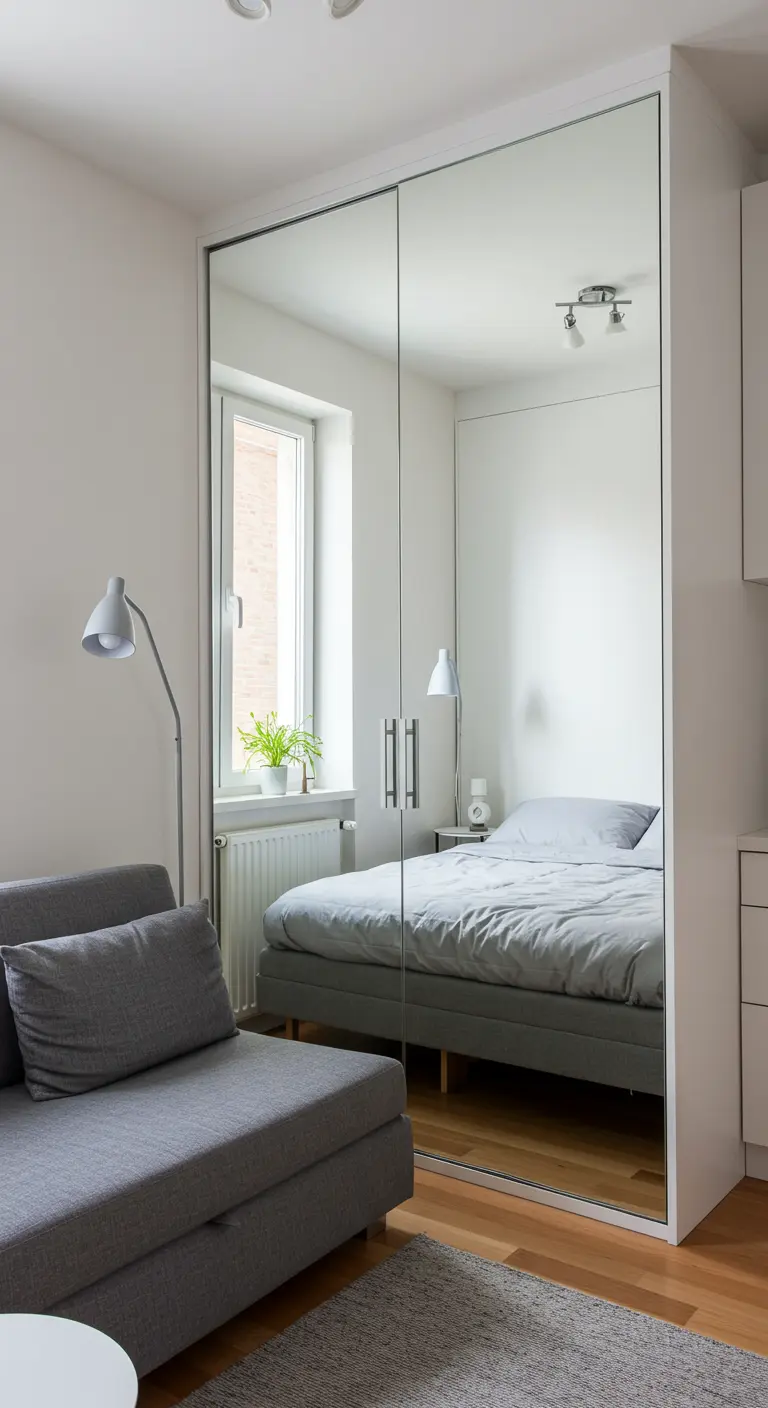 Mirrored sliding doors concealing a Murphy bed, reflecting the small living space.