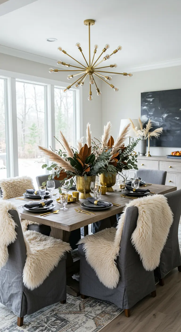 Dining table with grey chairs draped in faux fur, under a brass sputnik chandelier.