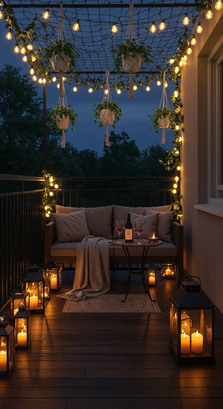 Balcony at night with a net of string lights overhead and cozy lanterns.