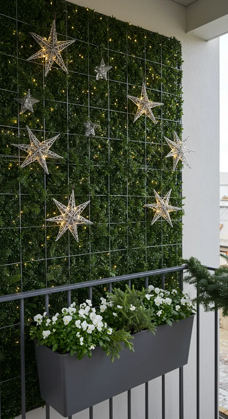 A balcony green wall decorated with a grid of fairy lights and glowing star ornaments.