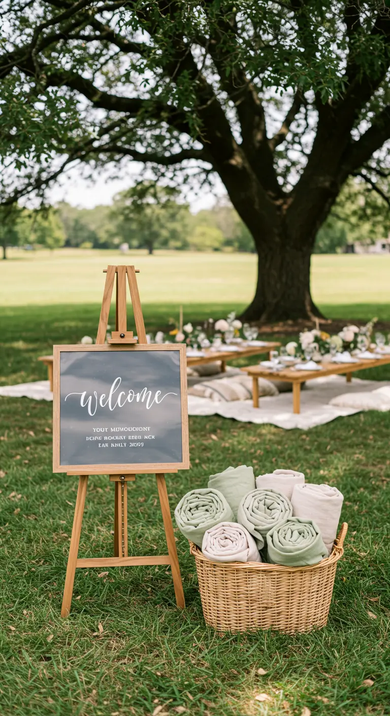 A welcome sign on an easel next to a basket of rolled-up blankets for a picnic party.