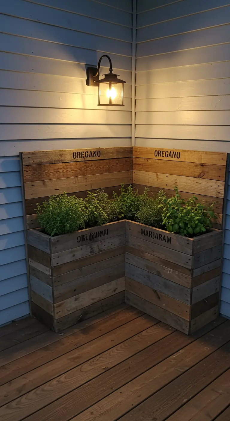 A corner pallet planter with different shades of wood and stenciled herb names.